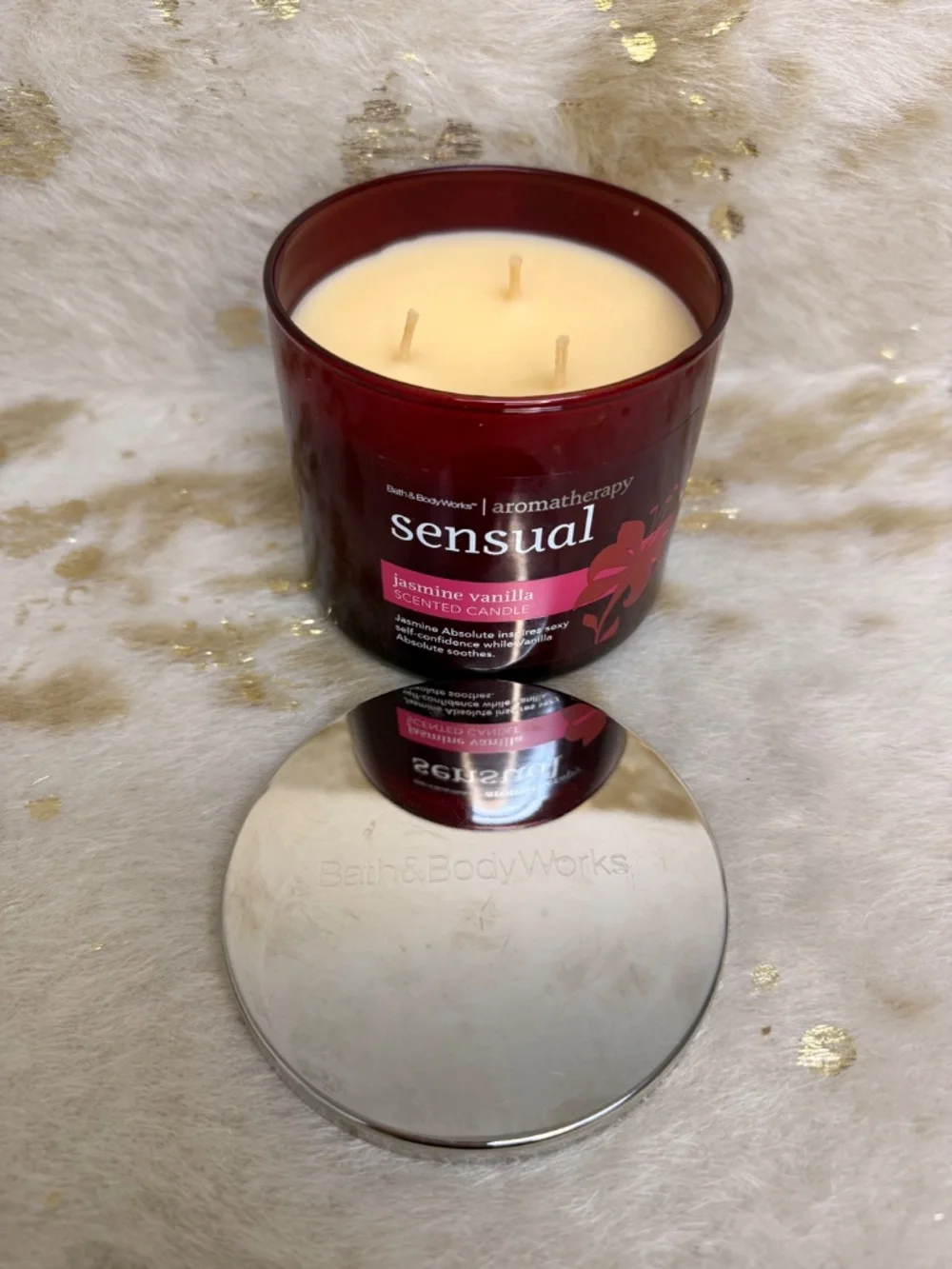 New Rare Disc Bath & Body Jasmine Vanilla 3 Wick Candle Armthrpy Sensual 14.5 oz